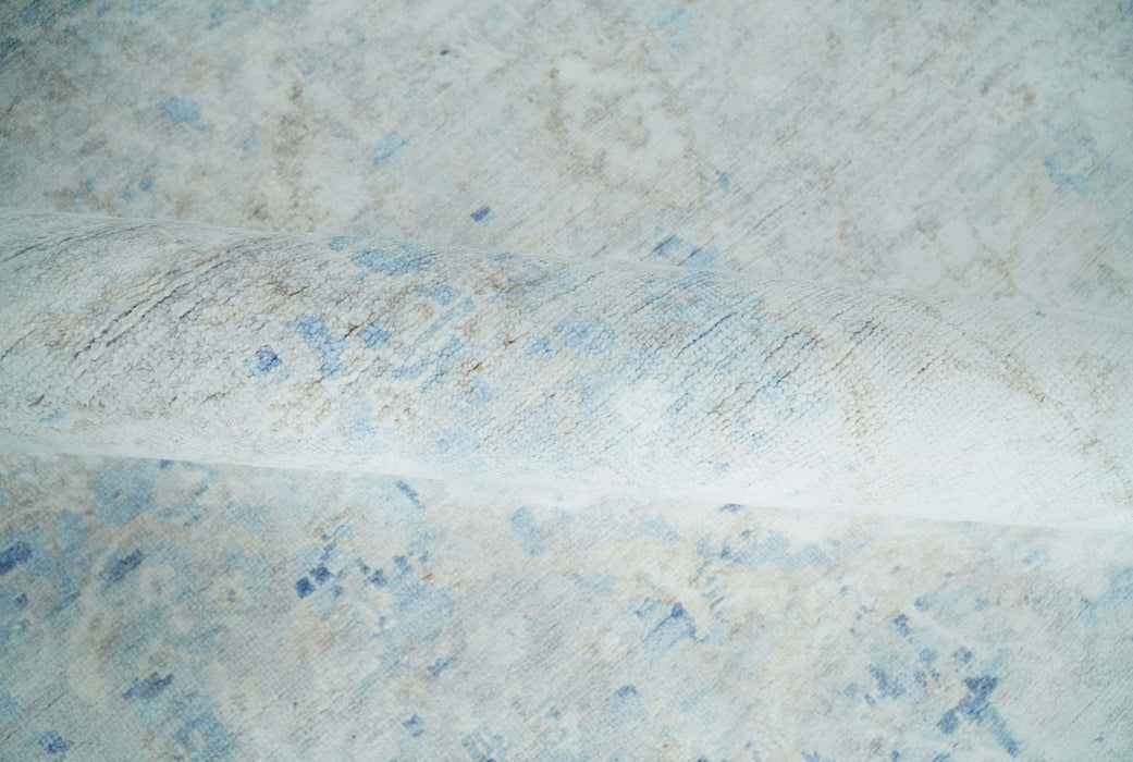 Fine 10x13 Ivory and blue Modern Abstract Hand Knotted Blended Wool and Art silk Area Rug