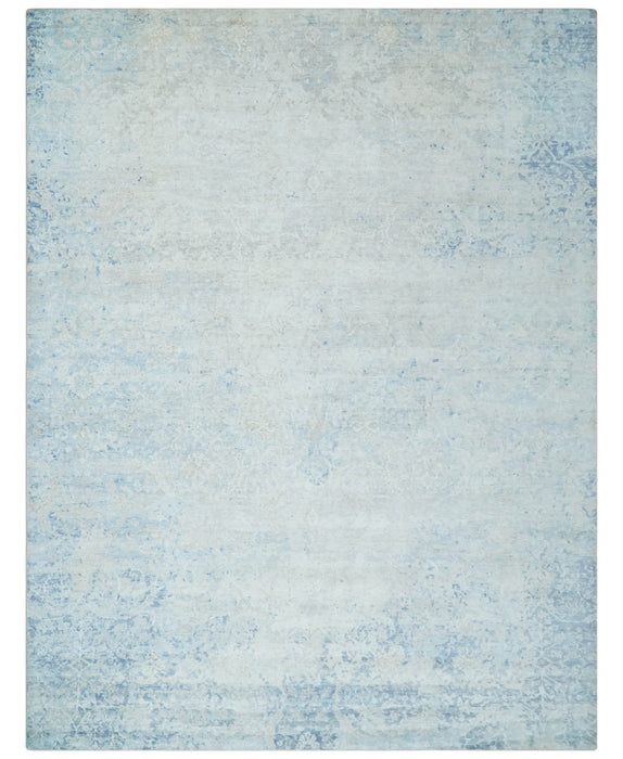 Fine 10x13 Ivory and blue Modern Abstract Hand Knotted Blended Wool and Art silk Area Rug