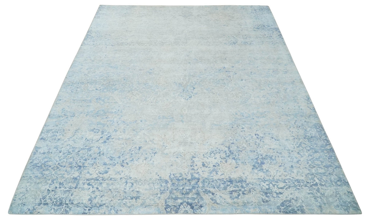 Fine 10x13 Ivory and blue Modern Abstract Hand Knotted Blended Wool and Art silk Area Rug