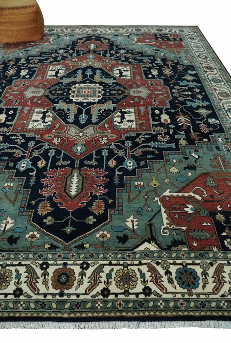 Fine 9x12 Hand Knotted Brown, Black, Blue and Ivory Traditional Wool Area Rug