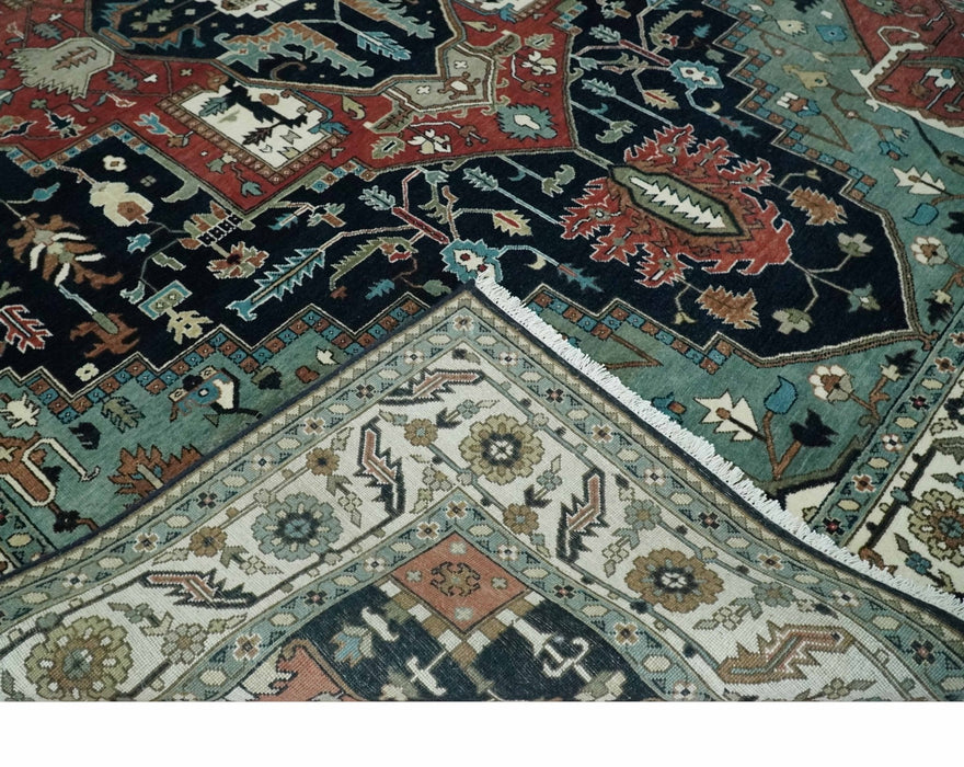 Fine 9x12 Hand Knotted Brown, Black, Blue and Ivory Traditional Wool Area Rug