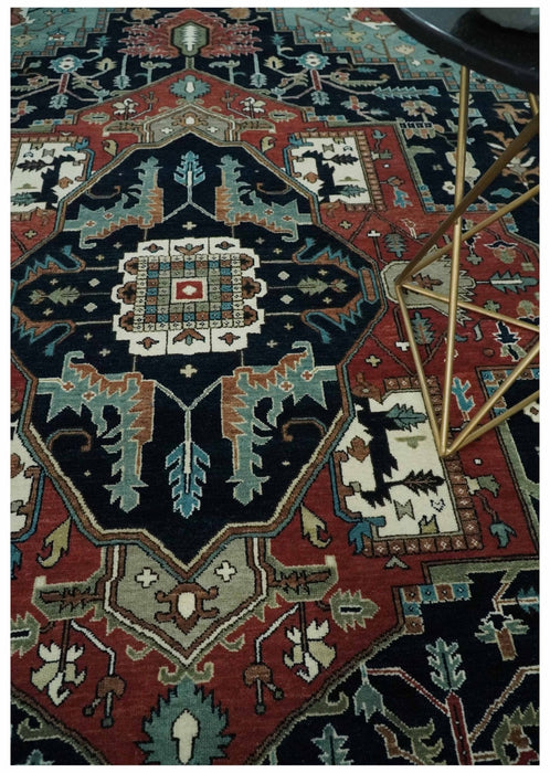Fine 9x12 Hand Knotted Brown, Black, Blue and Ivory Traditional Wool Area Rug