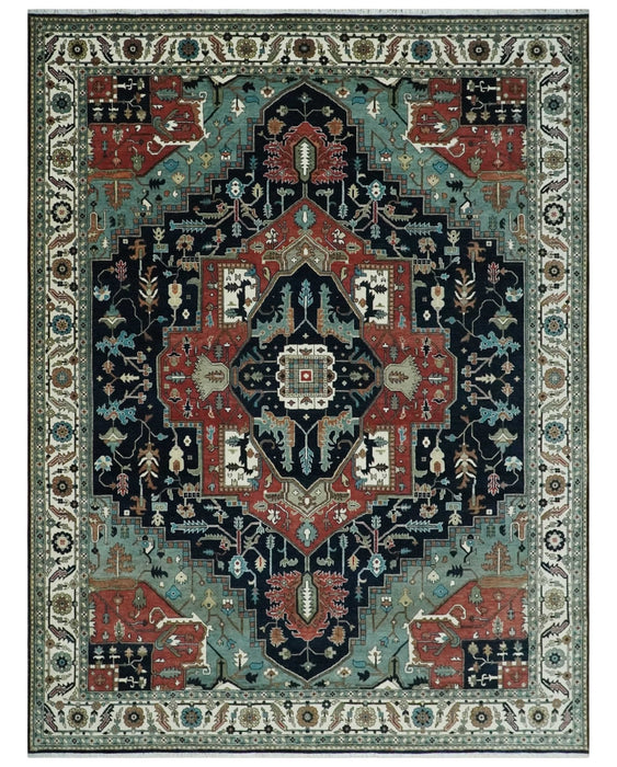 Fine 9x12 Hand Knotted Brown, Black, Blue and Ivory Traditional Wool Area Rug