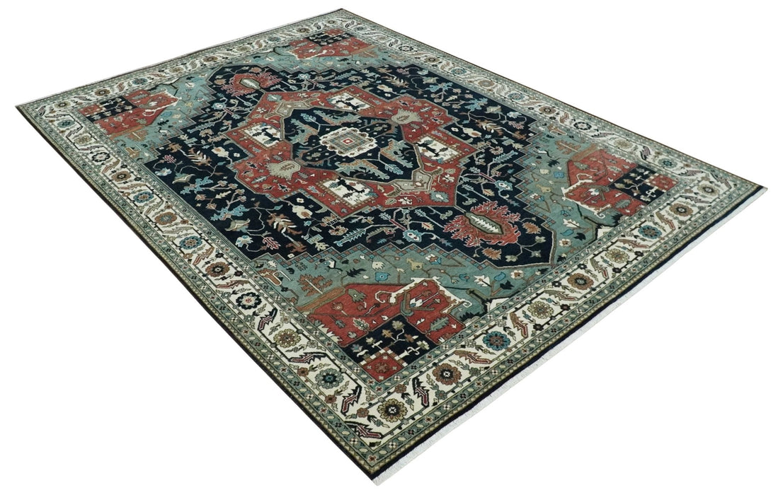 Fine 9x12 Hand Knotted Brown, Black, Blue and Ivory Traditional Wool Area Rug