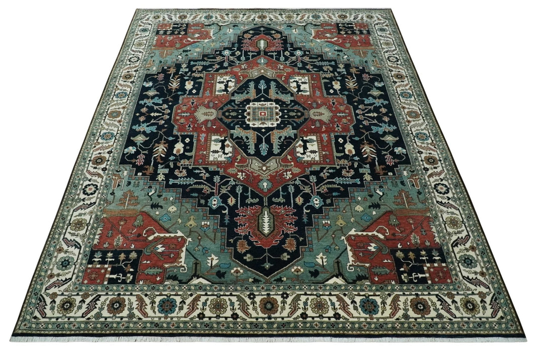 Fine 9x12 Hand Knotted Brown, Black, Blue and Ivory Traditional Wool Area Rug