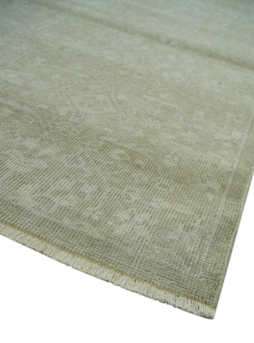 Fine Antique Design Ivory and light Olive Traditional Hand Knotted 8x10 wool area Rug