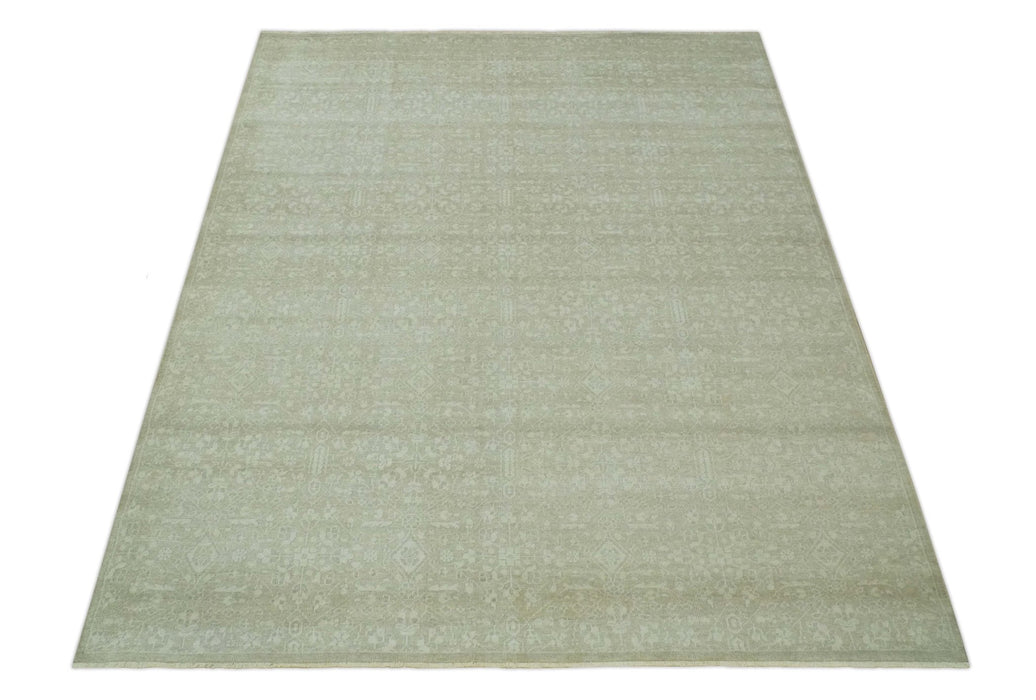 Fine Antique Design Ivory and light Olive Traditional Hand Knotted 8x10 wool area Rug