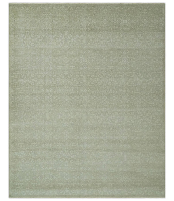 Fine Antique Design Ivory and light Olive Traditional Hand Knotted 8x10 wool area Rug