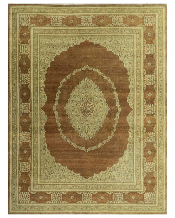 Fine Antique Knotted Traditional Tabriz Brown And Beige Wool Area Rug