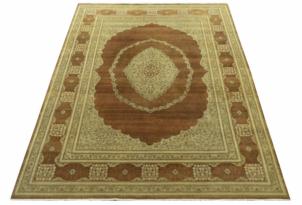 Fine Antique Knotted Traditional Tabriz Brown And Beige Wool Area Rug