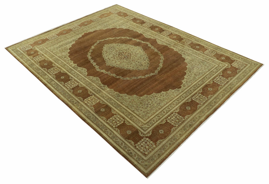 Fine Antique Knotted Traditional Tabriz Brown And Beige Wool Area Rug