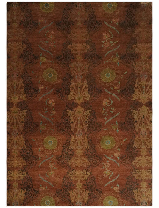 Fine Antique Style Brown, Rust and Green Traditional Ikat design Hand knotted wool Area Rug