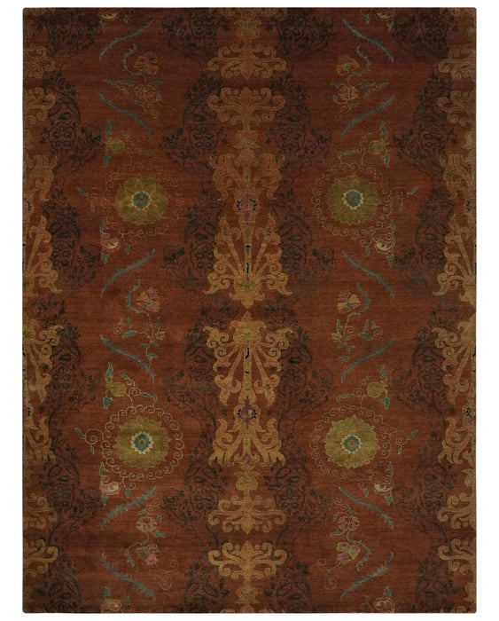 Fine Antique Style Brown, Rust and Green Traditional Ikat design Hand knotted wool Area Rug