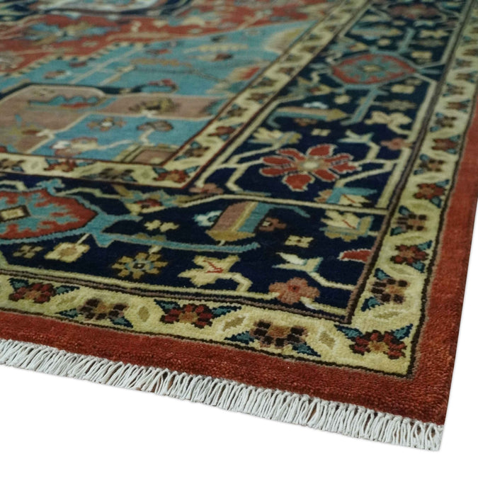 Fine Blue, Brown and Teal Traditional Floral Hand knotted 8x10 wool Area Rug