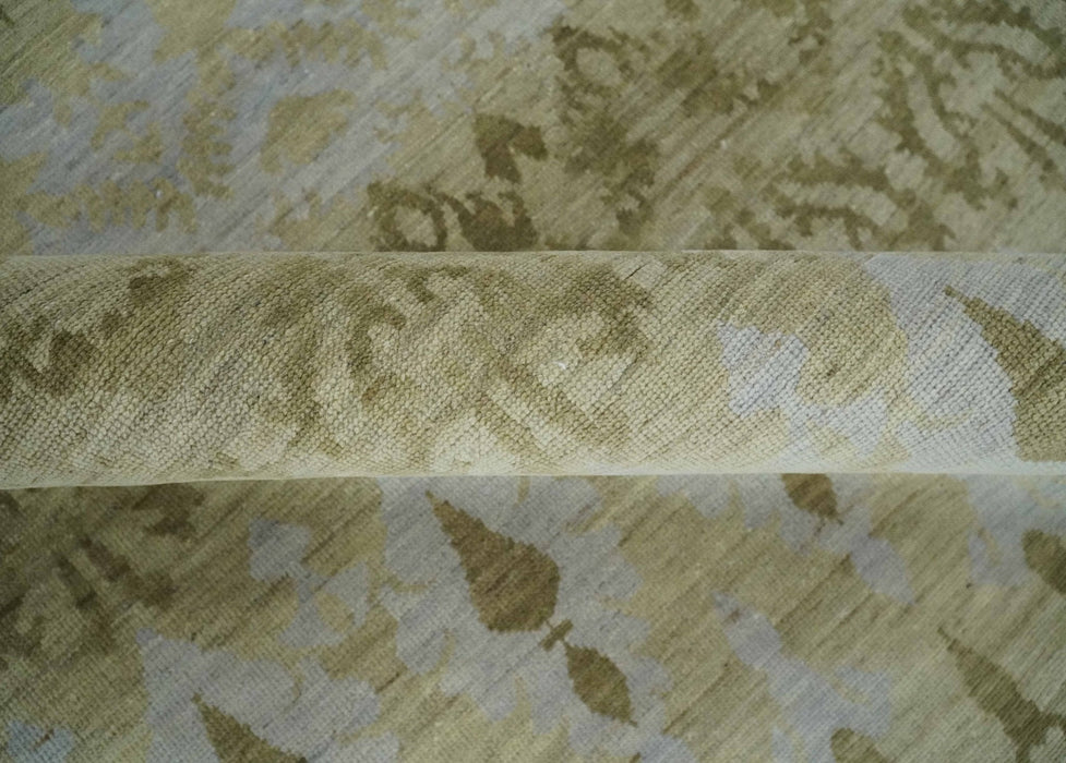 Fine Green 8x10 Hand Knotted Beige, Olive and Silver Traditional Wool Rug