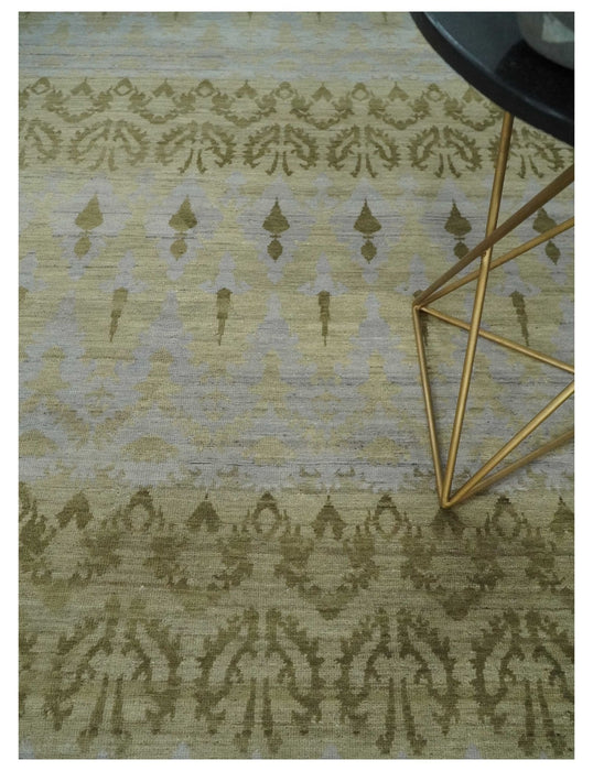 Fine Green 8x10 Hand Knotted Beige, Olive and Silver Traditional Wool Rug