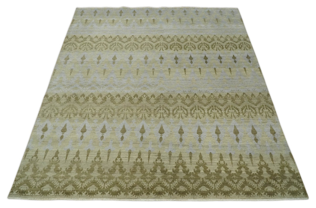 Fine Green 8x10 Hand Knotted Beige, Olive and Silver Traditional Wool Rug