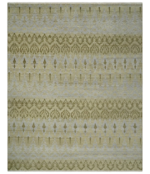 Fine Green 8x10 Hand Knotted Beige, Olive and Silver Traditional Wool Rug