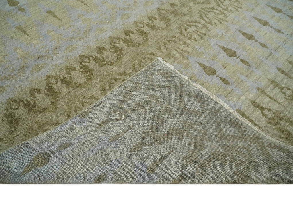 Fine Green 8x10 Hand Knotted Beige, Olive and Silver Traditional Wool Rug