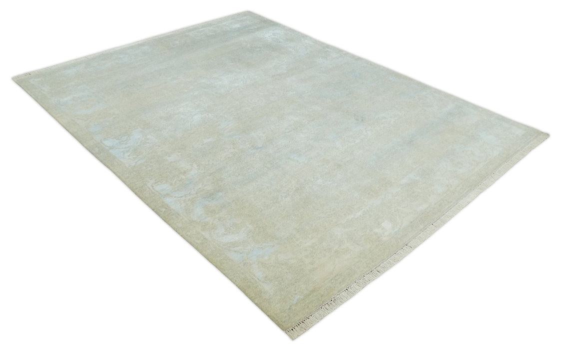 Fine Hand Knotted 8x10 Beige and Ivory Transitional Wool and Bamboo Silk Area Rug