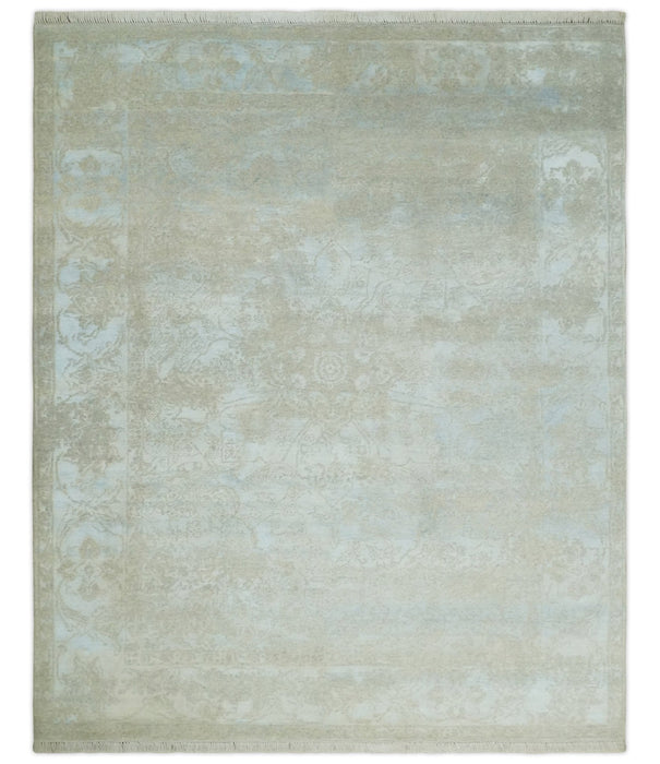 Fine Hand Knotted 8x10 Beige and Ivory Transitional Wool and Bamboo Silk Area Rug