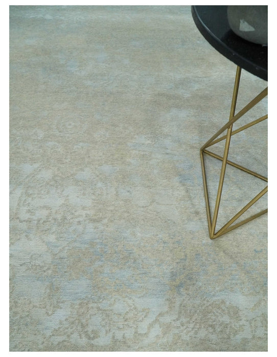 Fine Hand Knotted 8x10 Beige and Ivory Transitional Wool and Bamboo Silk Area Rug