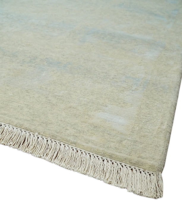 Fine Hand Knotted 8x10 Beige and Ivory Transitional Wool and Bamboo Silk Area Rug