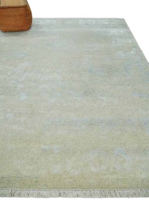 Fine Hand Knotted 8x10 Beige and Ivory Transitional Wool and Bamboo Silk Area Rug