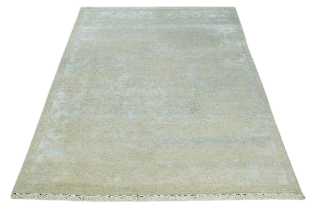 Fine Hand Knotted 8x10 Beige and Ivory Transitional Wool and Bamboo Silk Area Rug