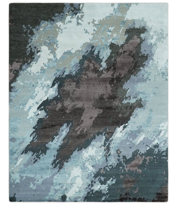 Fine Hand knotted And Carved Brown and Aqua Abstract Bamboo Silk 8x10 Area Rug