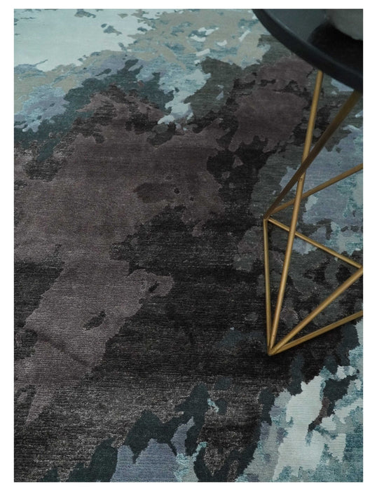Fine Hand knotted And Carved Brown and Aqua Abstract Bamboo Silk 8x10 Area Rug