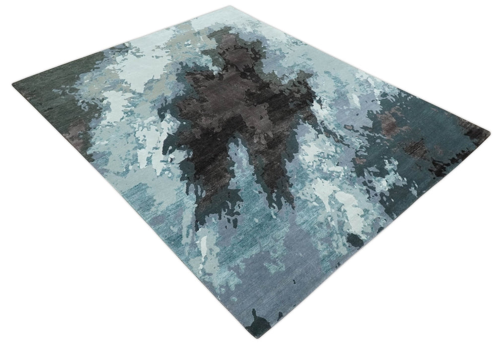 Fine Hand knotted And Carved Brown and Aqua Abstract Bamboo Silk 8x10 Area Rug
