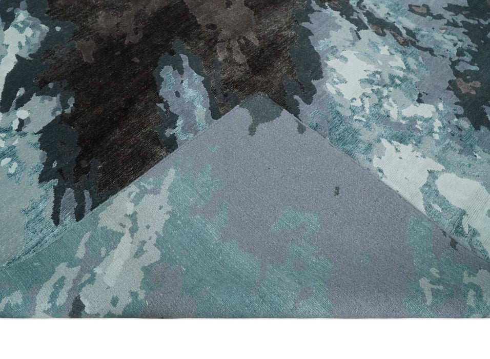 Fine Hand knotted And Carved Brown and Aqua Abstract Bamboo Silk 8x10 Area Rug