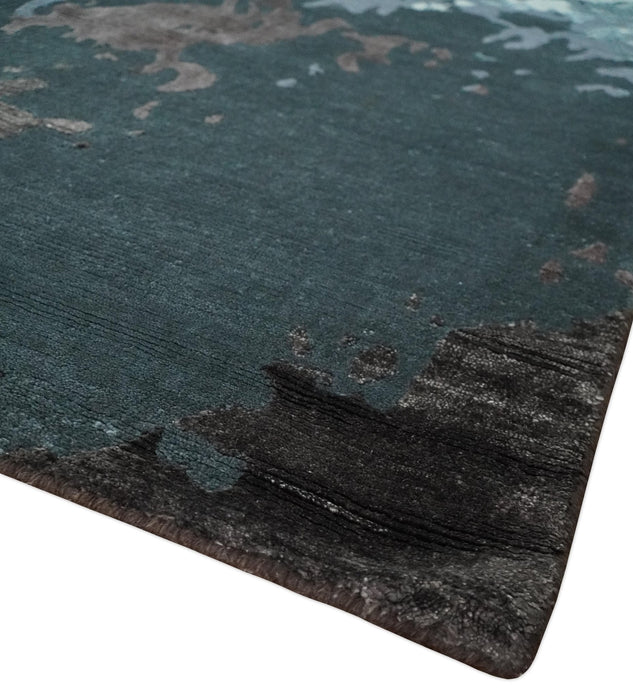 Fine Hand knotted And Carved Brown and Aqua Abstract Bamboo Silk 8x10 Area Rug
