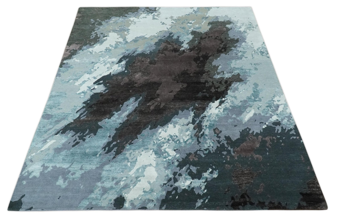 Fine Hand knotted And Carved Brown and Aqua Abstract Bamboo Silk 8x10 Area Rug
