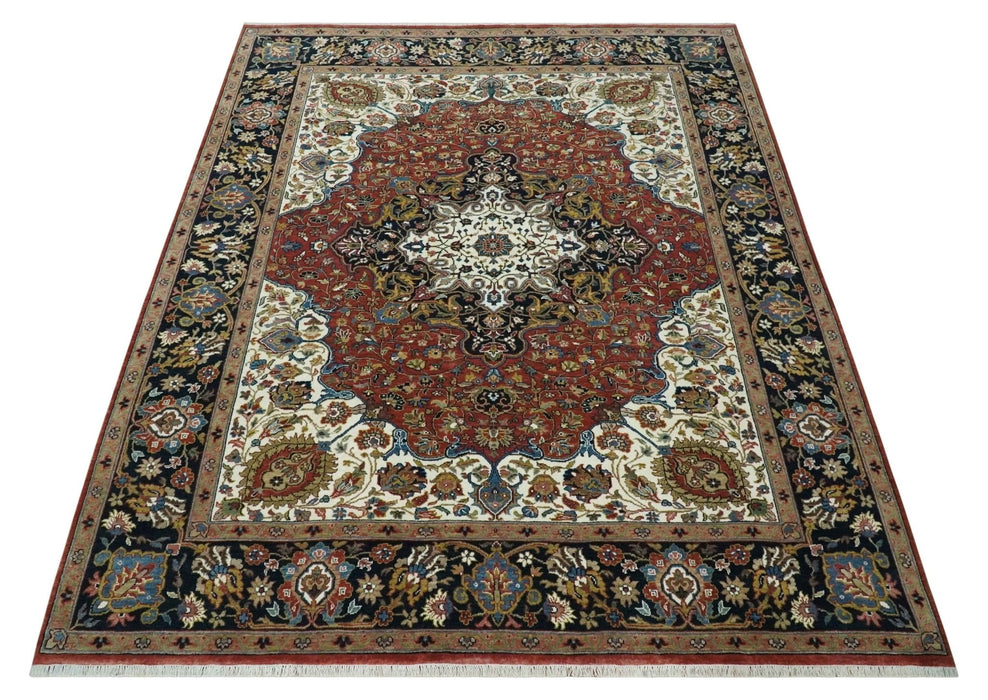 Fine Hand Knotted Brown, Ivory and Black 8x10 and 10x14 Traditional Wool Rug