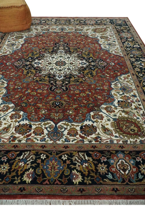 Fine Hand Knotted Brown, Ivory and Black 8x10 and 10x14 Traditional Wool Rug