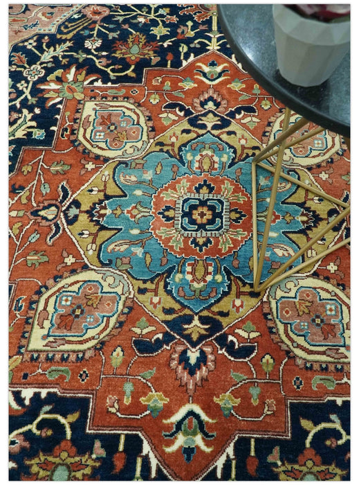 Fine Hand Knotted Rust and Blue Traditional Heriz Medallion 8x10 wool area rug