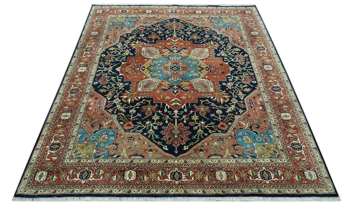 Fine Hand Knotted Rust and Blue Traditional Heriz Medallion 8x10 wool area rug
