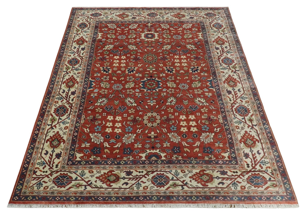 Fine Hand Knotted Rust and Ivory 8x10 and 9x12 Traditional Wool Area Rug