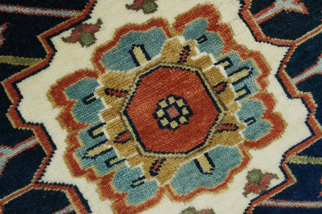 Fine Hand Knotted Rust, Ivory and Blue Floral Traditional Heriz 9x12 wool area rug