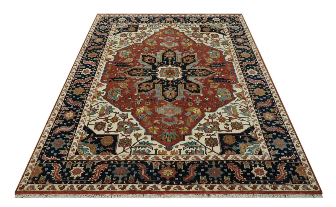 Fine Hand Knotted Rust, Ivory and Blue Floral Traditional Heriz 9x12 wool area rug