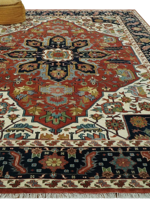 Fine Hand Knotted Rust, Ivory and Blue Floral Traditional Heriz 9x12 wool area rug