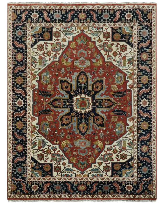 Fine Hand Knotted Rust, Ivory and Blue Floral Traditional Heriz 9x12 wool area rug
