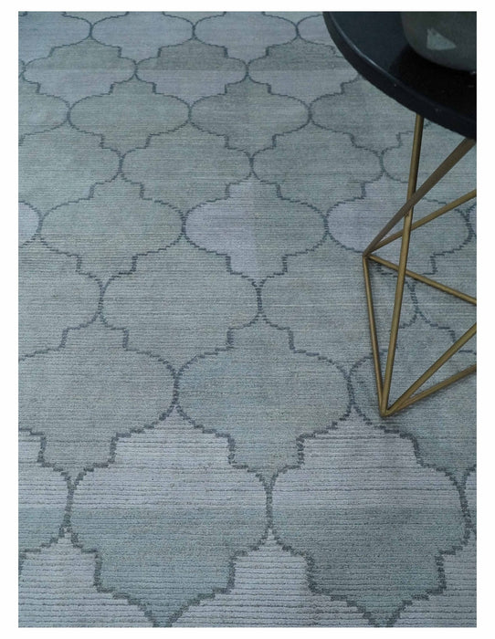Fine Hand Loomed 8x10 Silver, Gray and Charcoal Modern Geometric Trellis Art Silk Area Rug