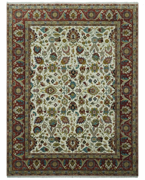 Fine Knots Ivory and Brown 8x10 and 9x12 Hand knotted Traditional Floral Wool Area Rug