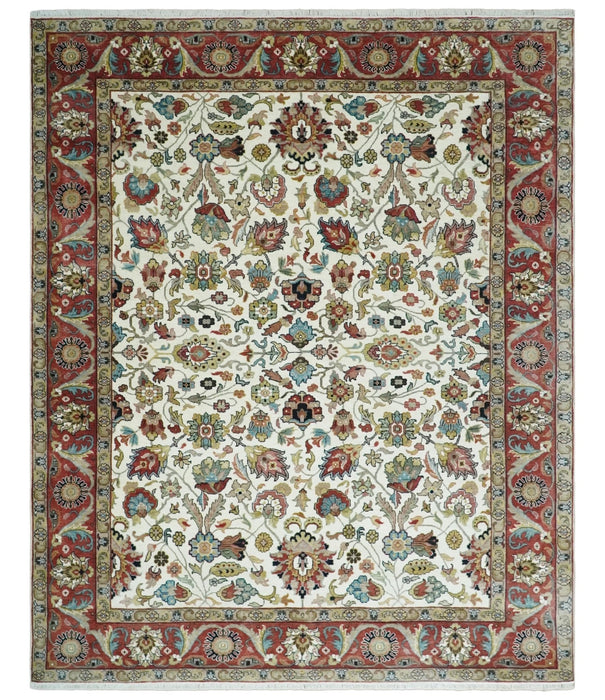 Fine Knots Ivory and Brown 8x10 and 9x12 Hand knotted Traditional Floral Wool Area Rug