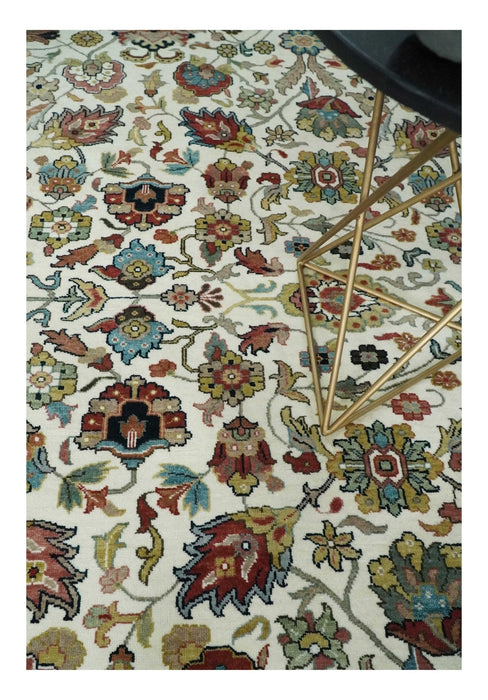 Fine Knots Ivory and Brown 8x10 and 9x12 Hand knotted Traditional Floral Wool Area Rug