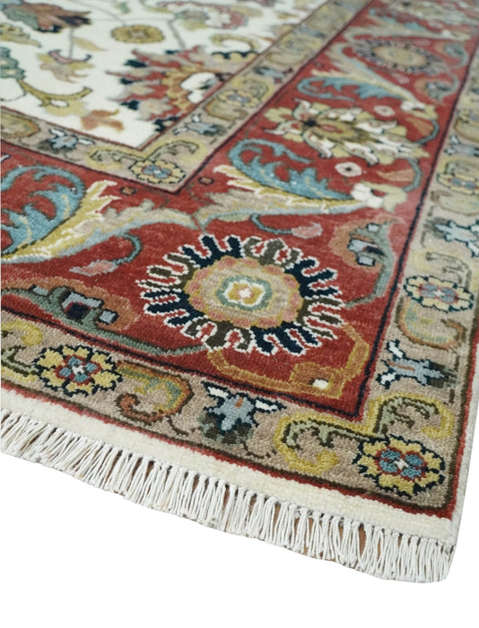 Fine Knots Ivory and Brown 8x10 and 9x12 Hand knotted Traditional Floral Wool Area Rug