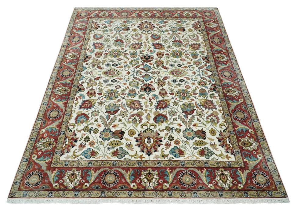 Fine Knots Ivory and Brown 8x10 and 9x12 Hand knotted Traditional Floral Wool Area Rug